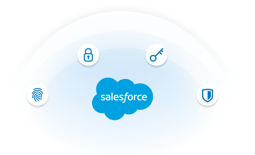 Salesforce logo on a stylized blue cloud, surrounded by security-themed icons: a fingerprint, a padlock, a key, and a shield.